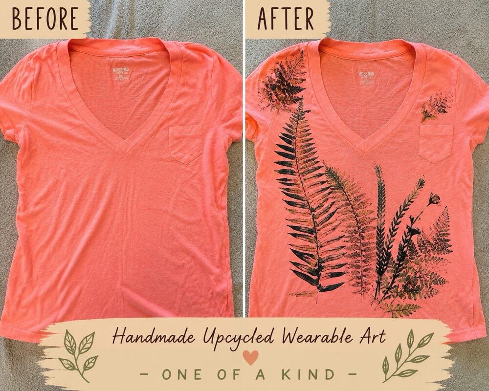 Handmade Botanical Leaf Print Tee M Coral Pink Nature Art Upcycled Cottagecore